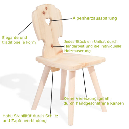 Kindersitzgruppe in Zirbenholz ‘Sweetheart’ | 1 Tisch und 4 Stühle | Made in Südtirol