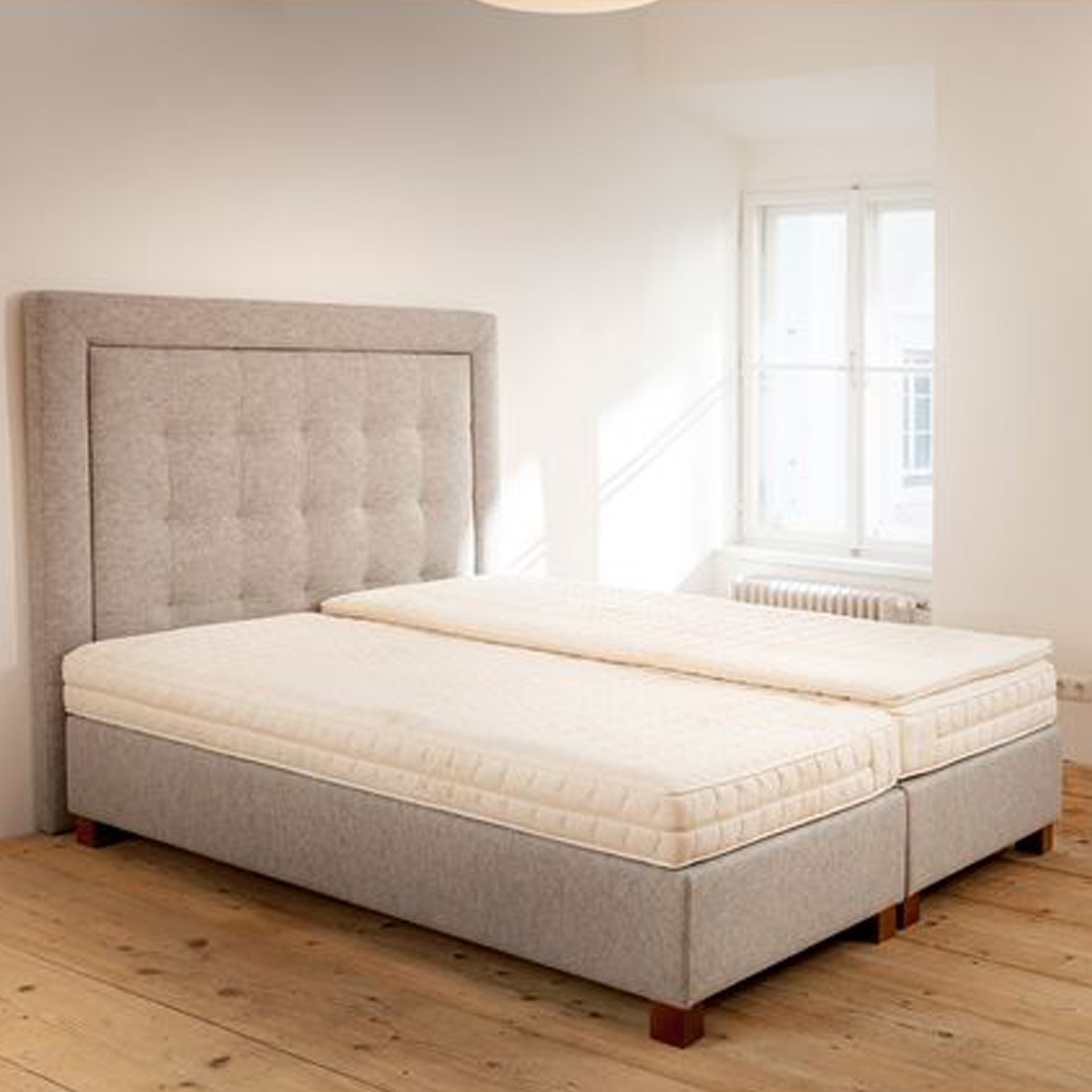 Boxspringbett aus natürlichen Rohstoffen  | Untergestell mit massivem Holzkern | Bezug aus 100 % reiner Schafschurwolle 90 x 200 cm mit Kopfteil