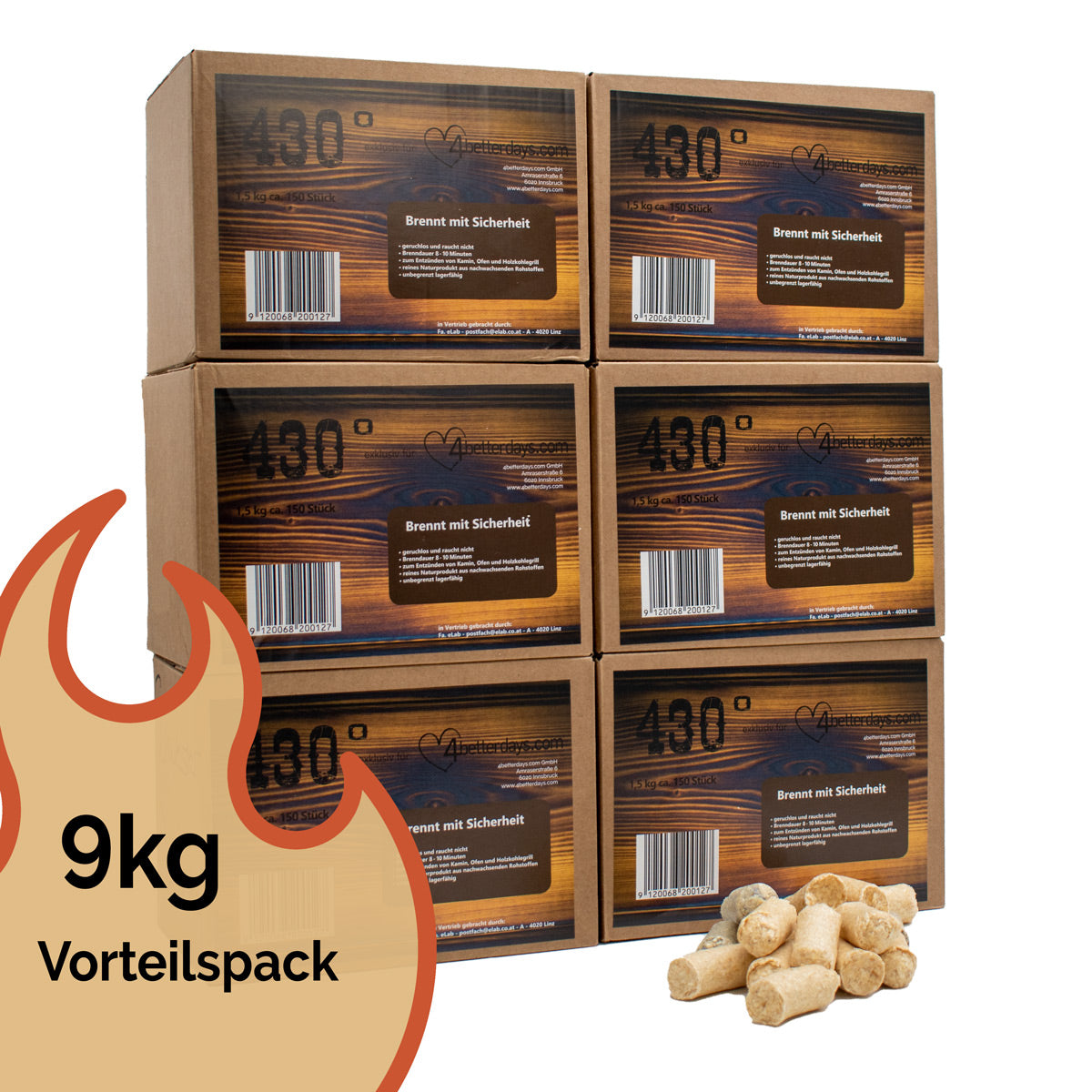 Öko Kaminanzünder / Grillanzünderr 9 kg ca. 900 Stk. für Kamine, Grill & Ofen - Premium-Holz & Wachs - Familienpackung