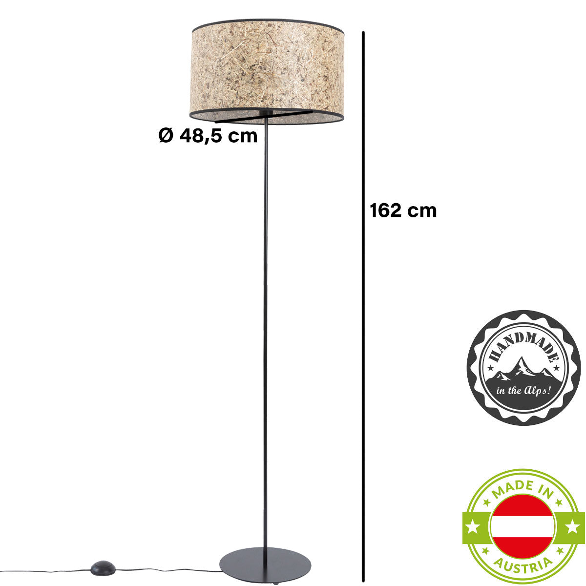 Stehleuchte Heu und Lampenfuß aus schwarzem Metall konisch 22 cm DM – Handarbeit aus Österreich