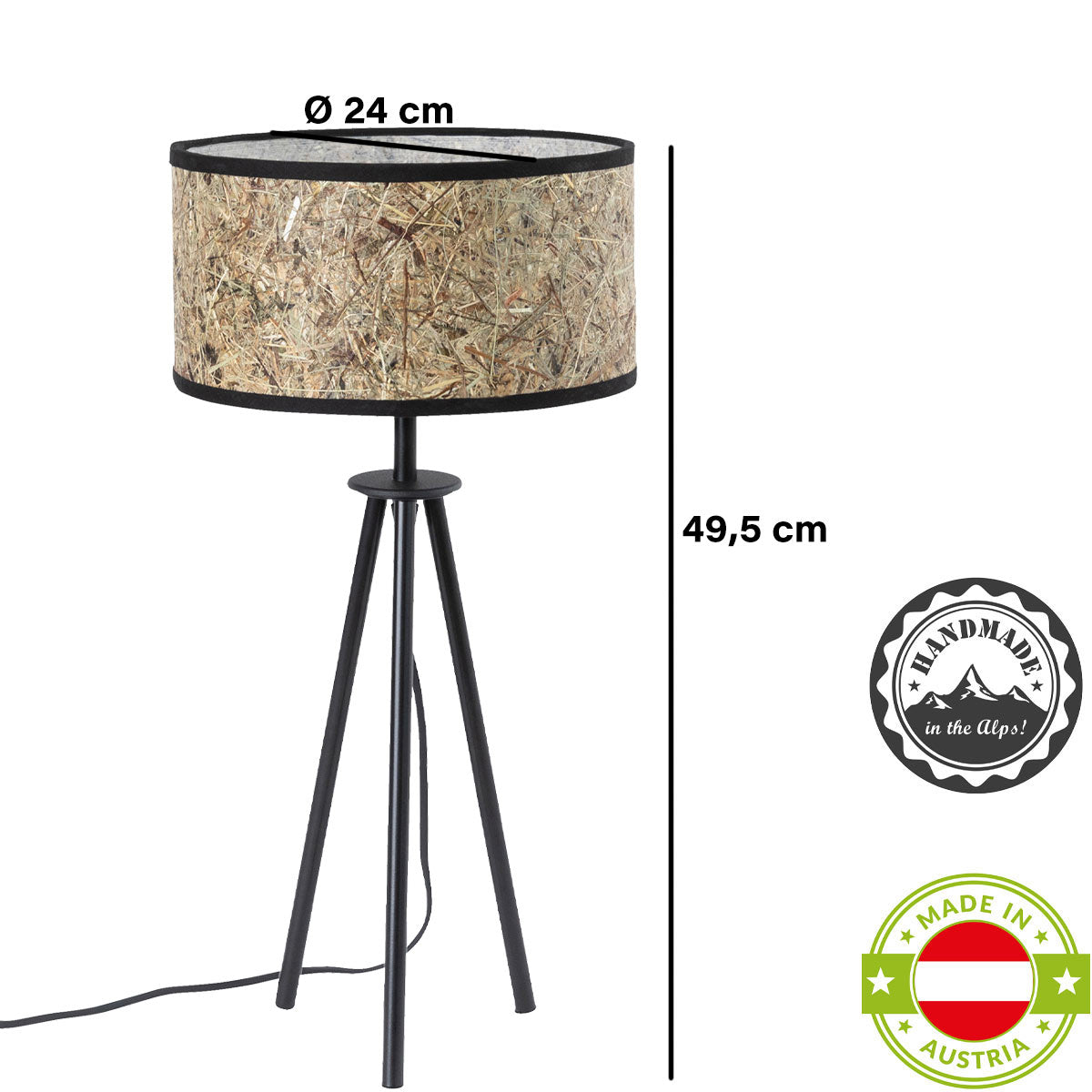 Tischleuchte Heu und Dreibein aus schwarzem Metall zylindrisch 24 cm DM – Handarbeit aus Österreich