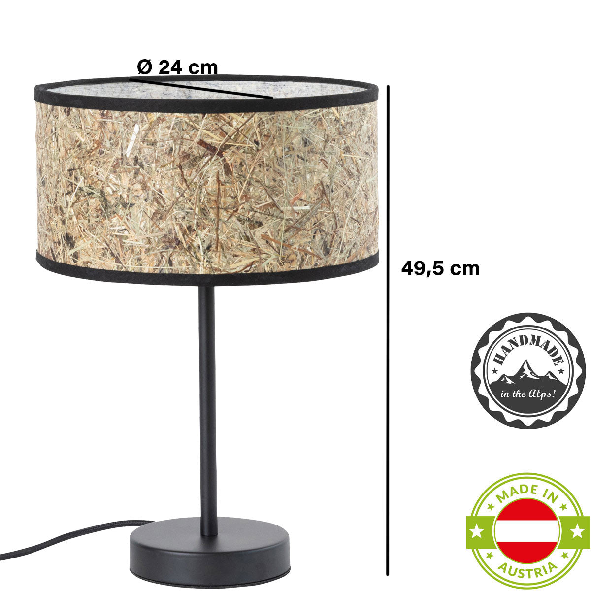 Tischleuchte Heu und Lampenfuß aus schwarzem Metall zylindrisch 24 cm DM – Handarbeit aus Österreich