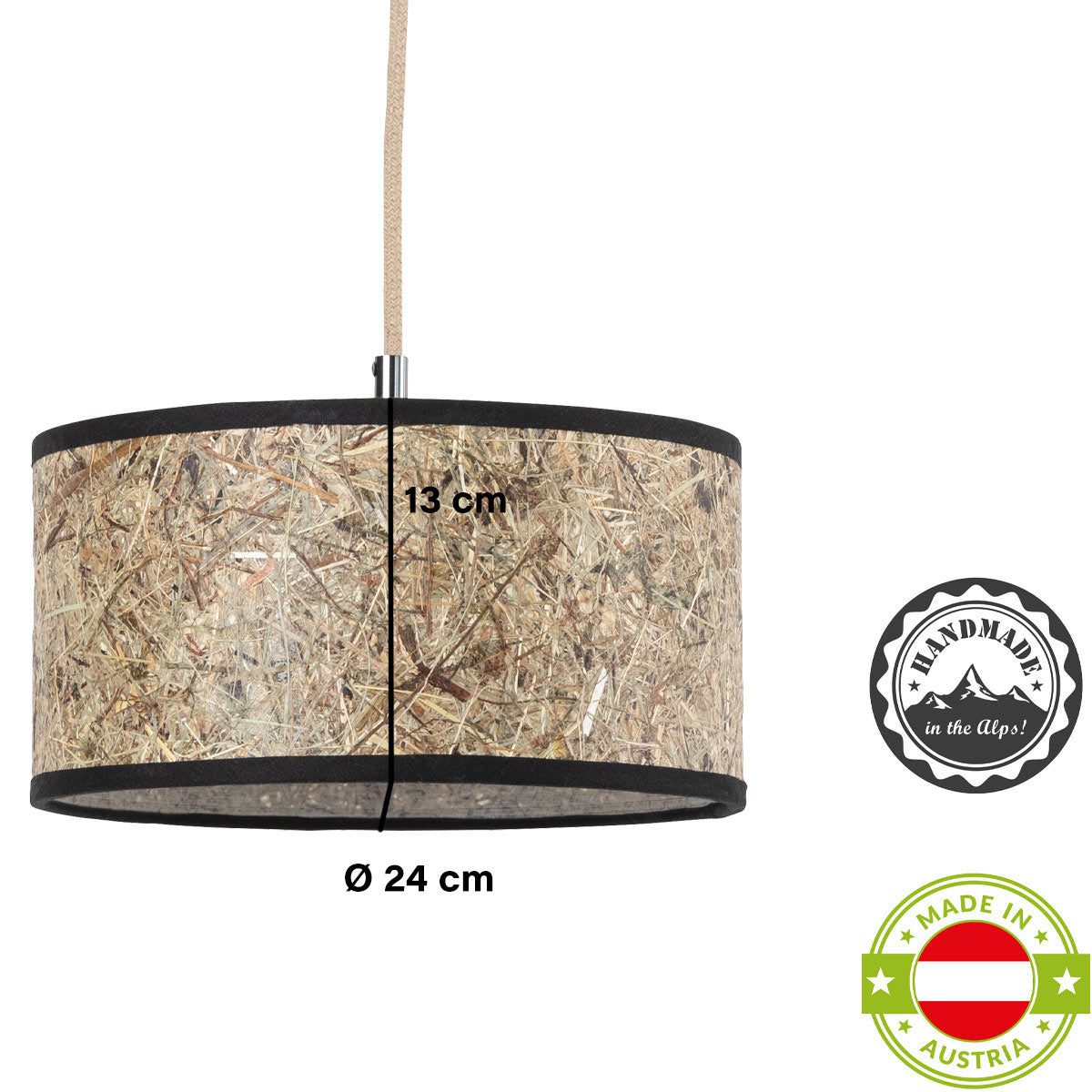 Hängeleuchte Heu zylindrisch 24 cm DM – Handarbeit aus Österreich