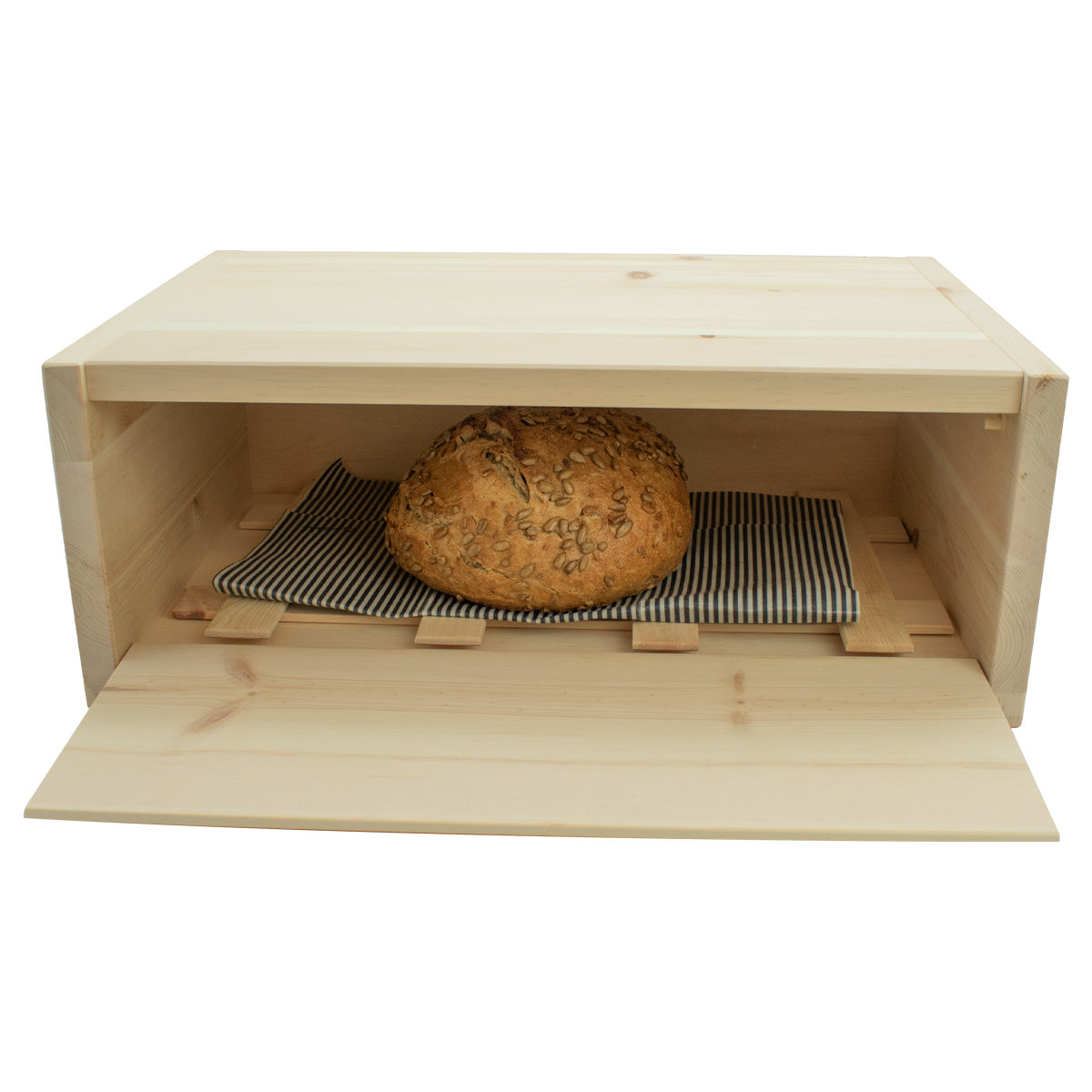 Flexibler Brotkasten aus Zirbenholz 30x23x14,5 cm (LxTxH) mit Gitter & Bienenwachstuch