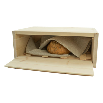 Flexibler Brotkasten aus Zirbenholz 30x23x14,5 cm (LxTxH) mit Einlegegitter & Bäckerleinen