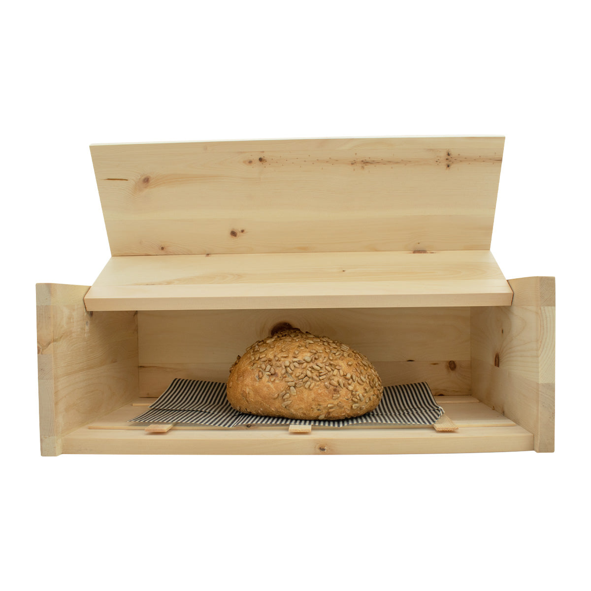 Brotkasten mit Klappe | inkl. Zirbenholz-Gitter und Bienenwachstuch |  L 45 x H 16 x B 25 cm | 100% Zirbenholz | Echtes Handwerk
