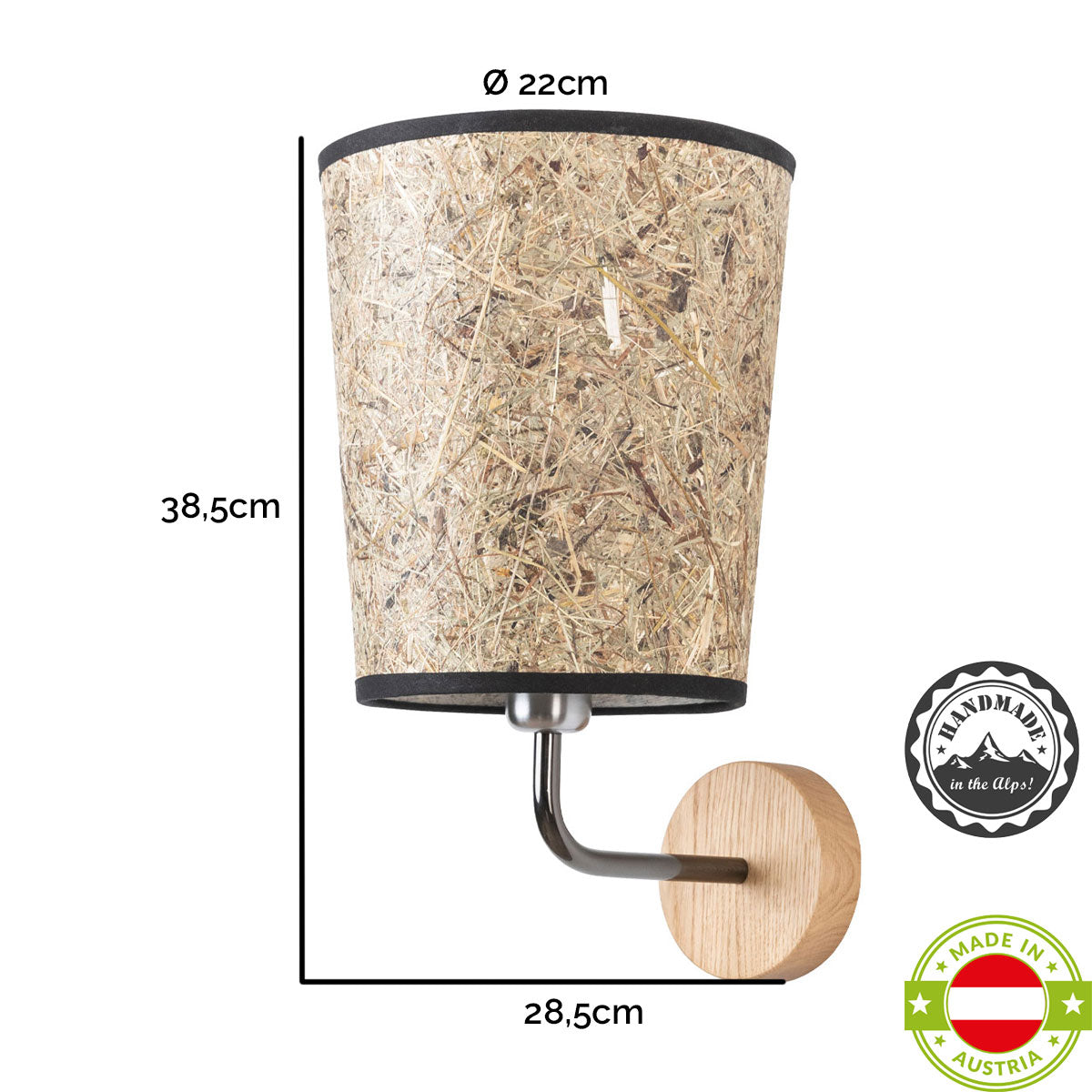 Wandleuchte Heu und Holz-Metall konisch 15 cm DM – Handarbeit aus Österreich