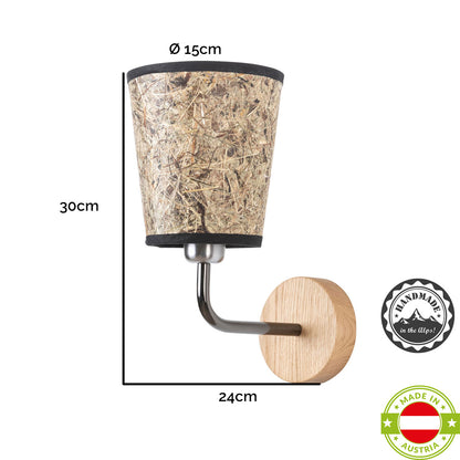 Wandleuchte Heu und Holz-Metall konisch 15 cm DM – Handarbeit aus Österreich