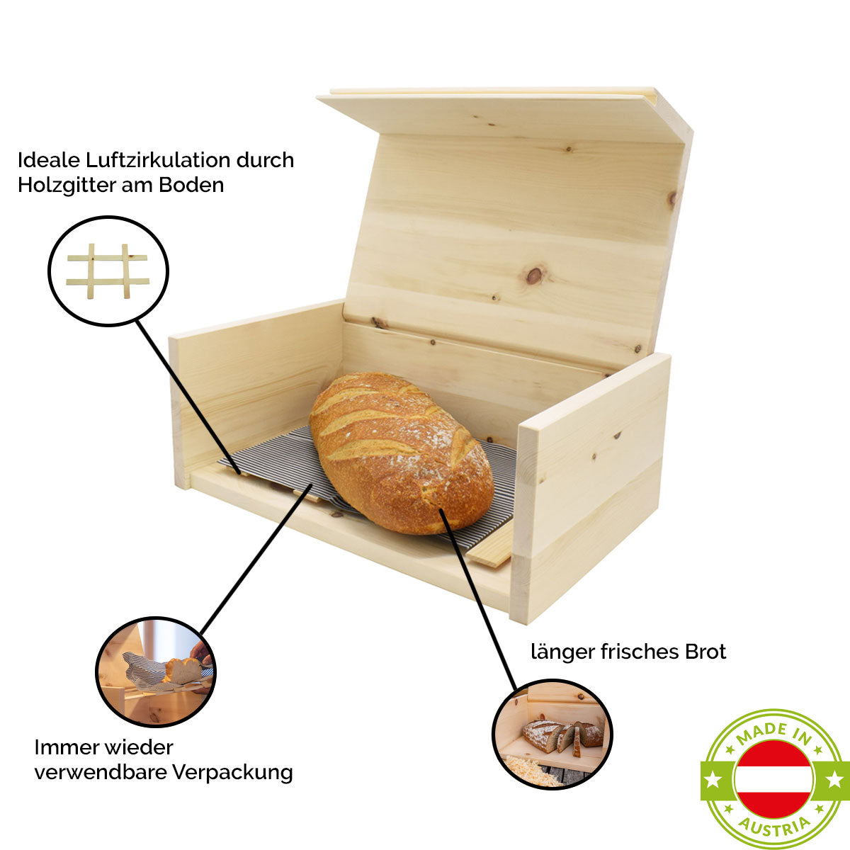 Brotkasten aus Zirbe 30x23x14,5 cm mit Einlegegitter & Bienenwachstuch