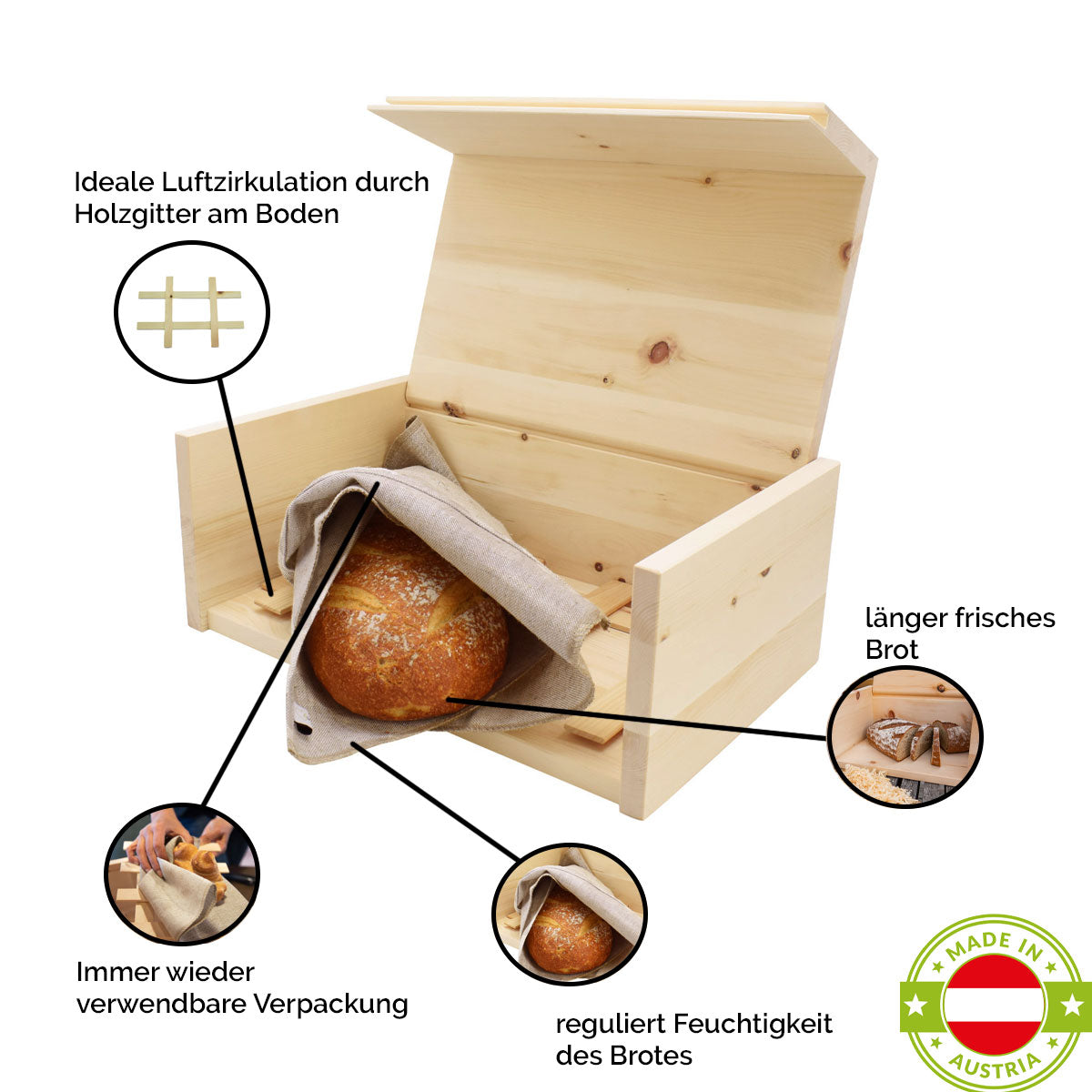 Brotkasten aus Zirbe 30x23x14,5 cm mit Einlegegitter & Bäckerleinen