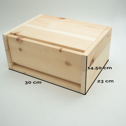 Flexibler Brotkasten aus Zirbenholz 30x23x14,5 cm (LxTxH) mit Gitter & Bienenwachstuch
