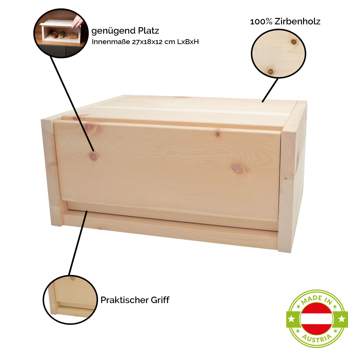 Flexibler Brotkasten aus Zirbenholz 30x23x14,5 cm (LxTxH)