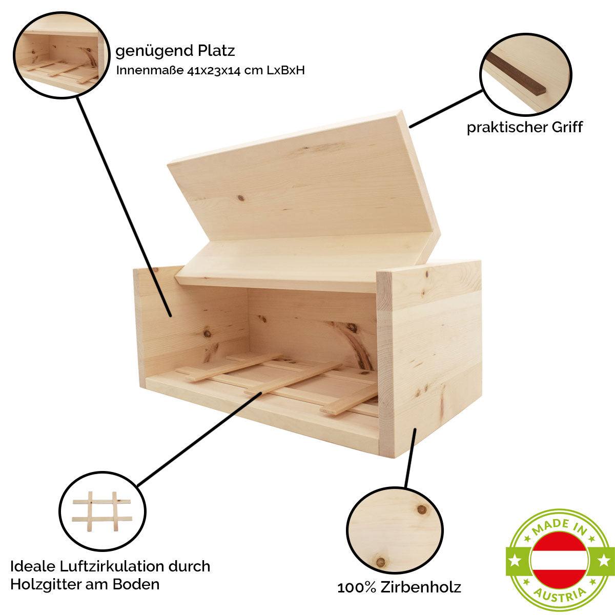 Brotkasten aus Zirbenholz | mit Nussgriff und Klappdeckel | 45 x 25 x 19 cm | inkl. Zirbenholz-Gitter