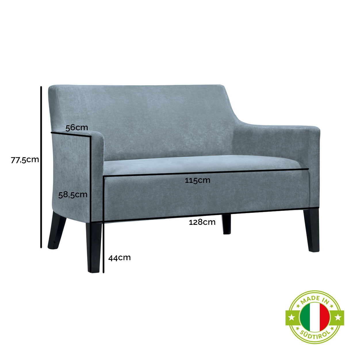 Sofa 'Isa' Gestell in Buche gebeizt | mit Samtstoff Türkis komplett überpolstert | Made in Südtirol
