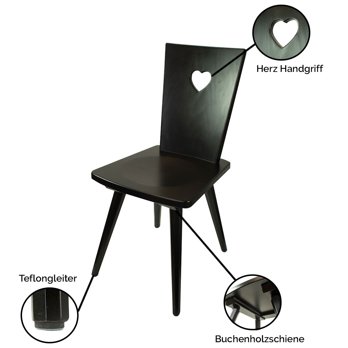 Eleganter Stuhl  'Black or White' | Vollholz Buche | deckend lackiert | Griff herzförmig | in Schwarz