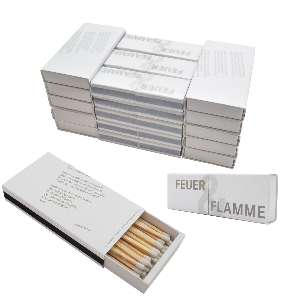 Elegante Zündhölzer 'Feuer & Flamme' | mit Gedicht bedruckt | 2er-Set klein | L10,5 x B3,5 x H2 cm