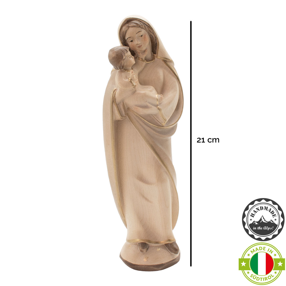 Madonna der Liebe mit Kind | Massivholz Figur | 3 x gebeizt | Höhe 21 cm | Made in Südtirol