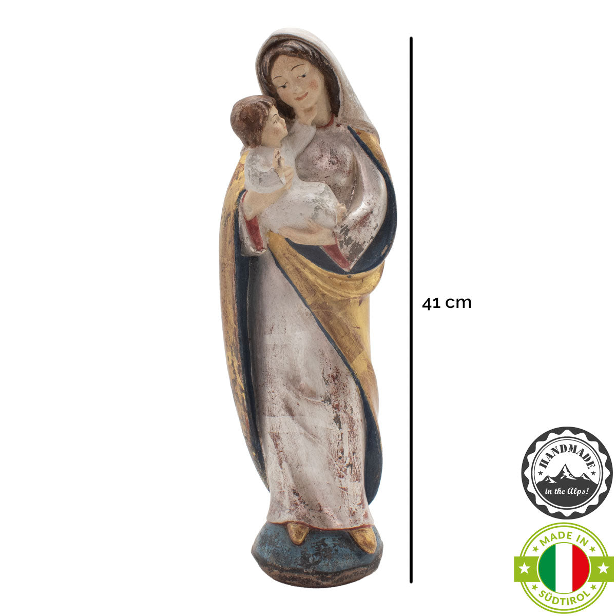 Madonna der Liebe mit Kind | Massivholz Figur | Echtgold + Silber antikisiert | Höhe 41 cm | Made in Südtirol