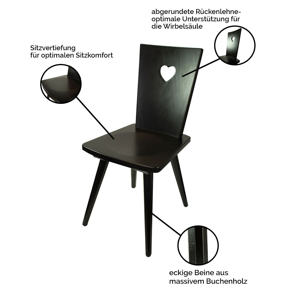 Eleganter Stuhl  'Black or White' | Vollholz Buche | deckend lackiert | Griff herzförmig | in Schwarz