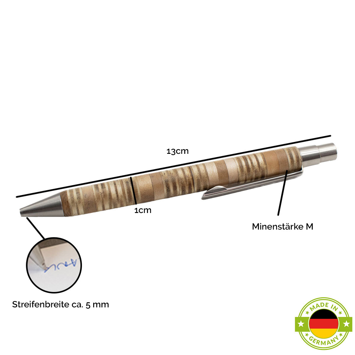 Unverwechselbarer Kugelschreiber 'Patchwork' aus verschiedensten Holzstücken im Streifenlook mit hochwertiger Apfelleder Hülle