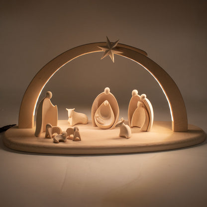 Komplettset beleuchtete Krippe ‘Sternenlicht’ | 13-teilig | Made in Südtirol | Figuren Ahorn natur - Heilige Familie Ahorn natur