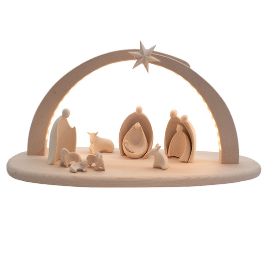 Komplettset beleuchtete Krippe ‘Sternenlicht’ | 13-teilig | Made in Südtirol | Figuren Ahorn natur - Heilige Familie Ahorn natur