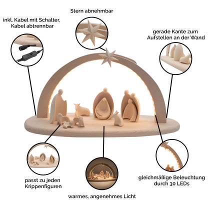 Komplettset beleuchtete Krippe ‘Sternenlicht’ | 13-teilig | Made in Südtirol | Figuren Ahorn natur - Heilige Familie Ahorn natur