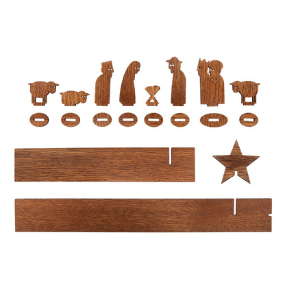 Moderne Holzkrippe ‘Einfach Weihnachten’ | 10-teilig | Eiche dunkel gebeizt | zum Zusammenstecken | Made in Germany