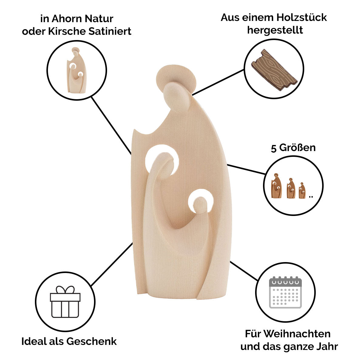 Krippenblock ‘Heilige Familie’ | aus einem Holzstück gefertigt | Made in Südtirol | Ahorn natur | Höhe 8,5 cm