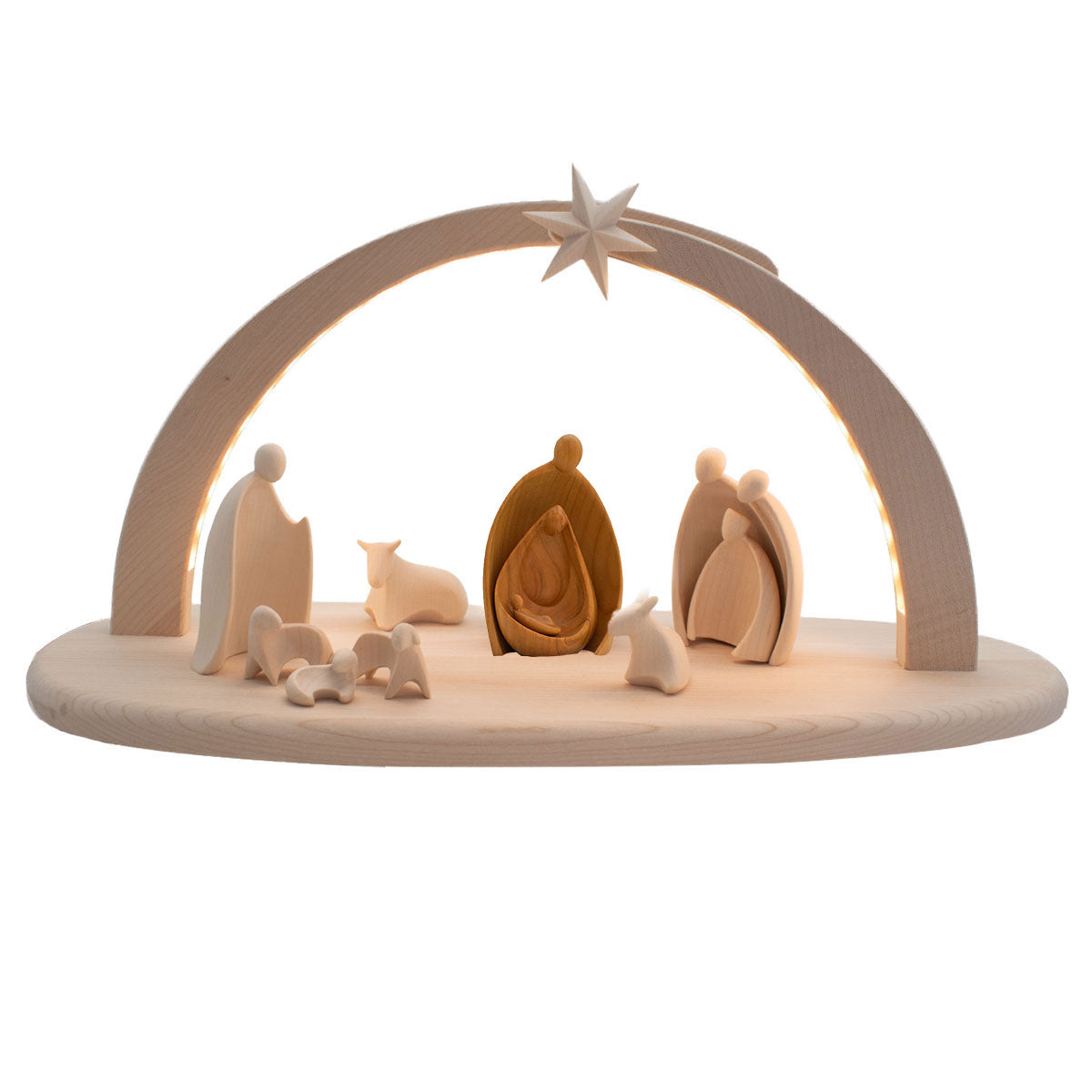Komplettset beleuchtete Krippe ‘Sternenlicht’ | 13-teilig | Made in Südtirol | Figuren Ahorn natur - Heilige Familie Ahorn natur