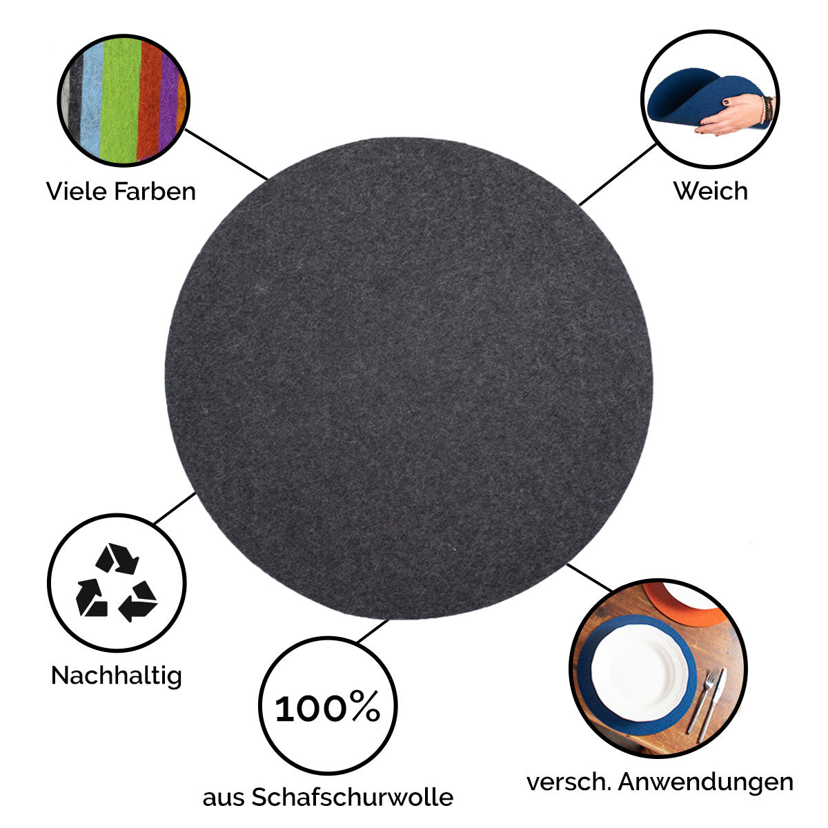 Sitz- oder Tisch-Auflage 'Color' | rund | aus 100% Schafwolle | Lind Grün | Durchmesser 34 cm | Materialstärke 5 mm | Made in Germany