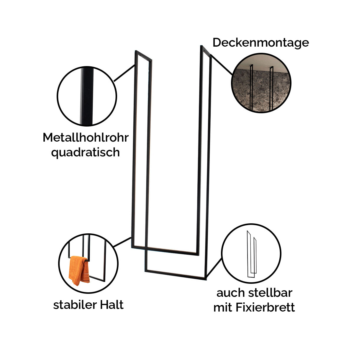 Handtuchhalter zweiläufig hängend 'Liam' | Metallhohlrohr lackiert | 40 x 20 x 110 cm | in schwarz | Manufactured in Europe