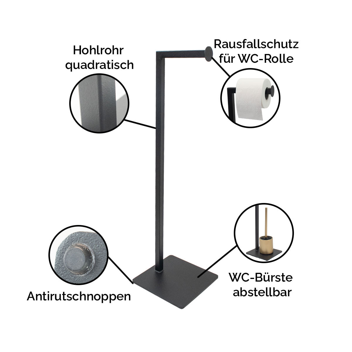 Toilettenpapier Ständer 'Levi' | Metallhohlrohr lackiert | in schwarz | Manufactured in Europe