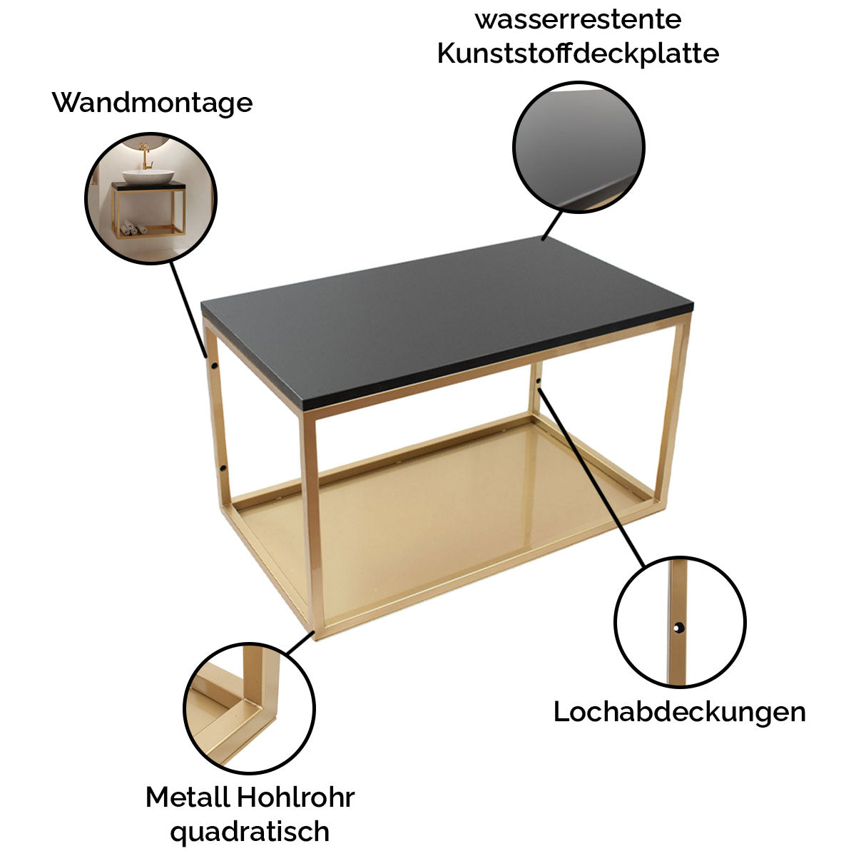 Konsole hängend 'Ava' | für Bad und Wohnraum | Metallhohlrohr lackiert | 60 x 35 x 45 cm | Gestell schwarz und Platte Eiche | Manufactured in Europe
