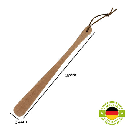 Robuster Schuhlöffel aus Buchenholz mit Lederband | langstielig | 370x34x11 mm
