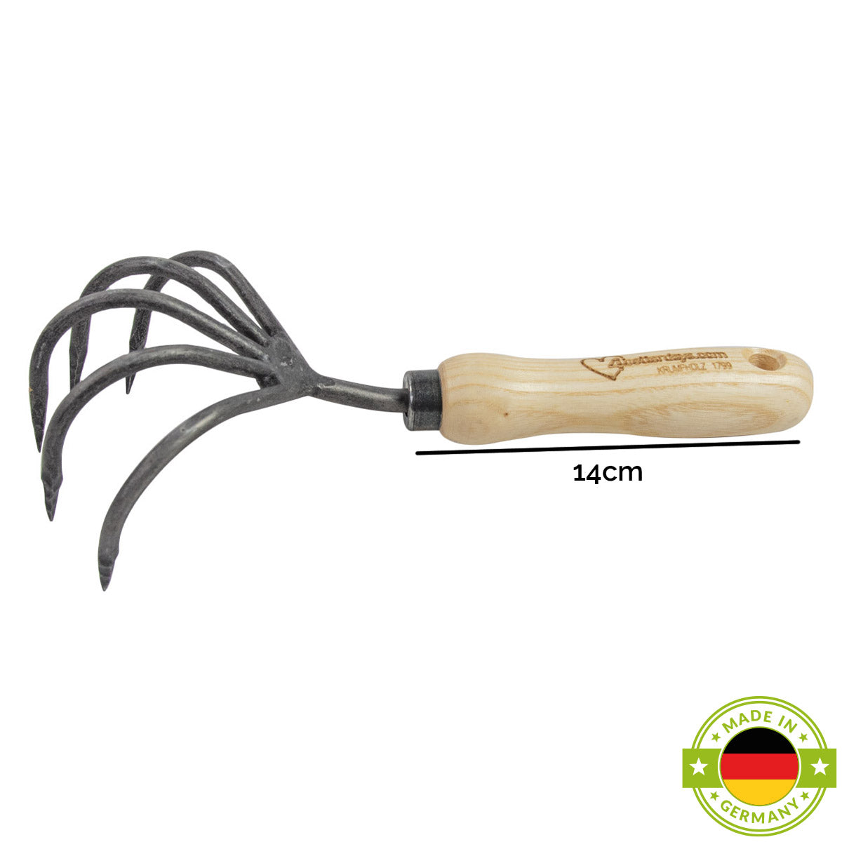 Grubber mit 5 Zinken | aus Schwedenstahl | mit 14 cm ergonomischen Eschengriff | handgeschmiedet in Deutschland
