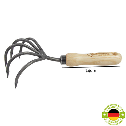 Grubber mit 5 Zinken | aus Schwedenstahl | mit 14 cm ergonomischen Eschengriff | handgeschmiedet in Deutschland