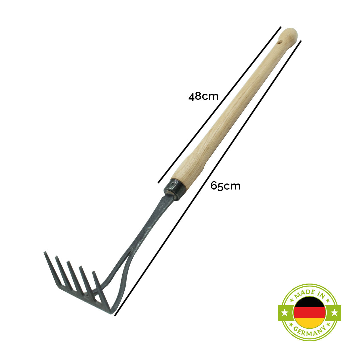 Bio-Handrechen | aus Schwedenstahl | mit 48 cm Eschen-Knopf-Stiel | handgeschmiedet in Deutschland