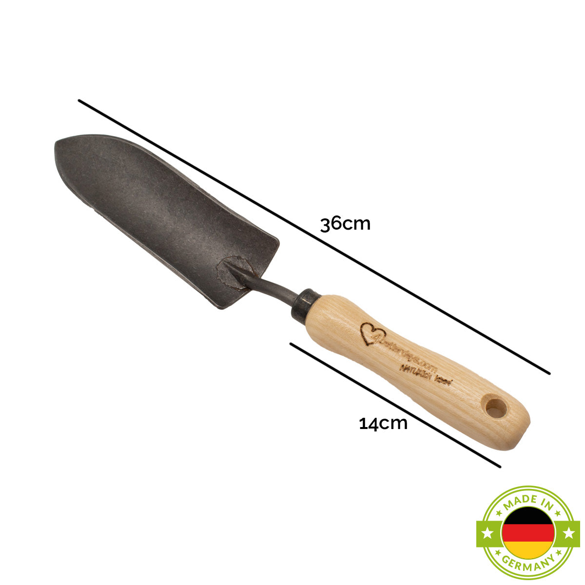 Pflanzkelle schmal | aus Schwedenstahl | mit 14 cm ergonomischen Eschengriff | handgeschmiedet in Deutschland