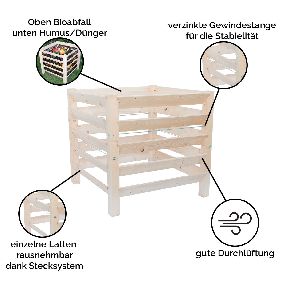 Holzkomposter 'Zero Waste' aus massiver Fichte | Stecksystem | 98,5 x 98,5 x 95 cm | flexibel und stabil | Made in Germany