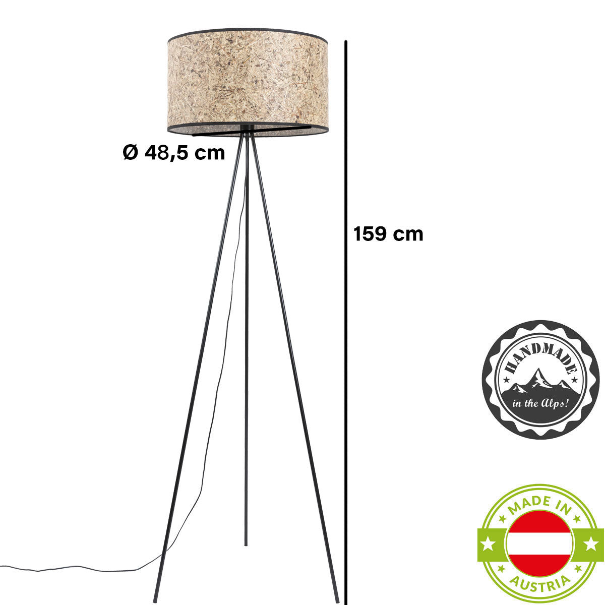 Stehleuchte Heu und Dreibein aus schwarzem Metall zylindrisch 48,5 cm DM – Handarbeit aus Österreich