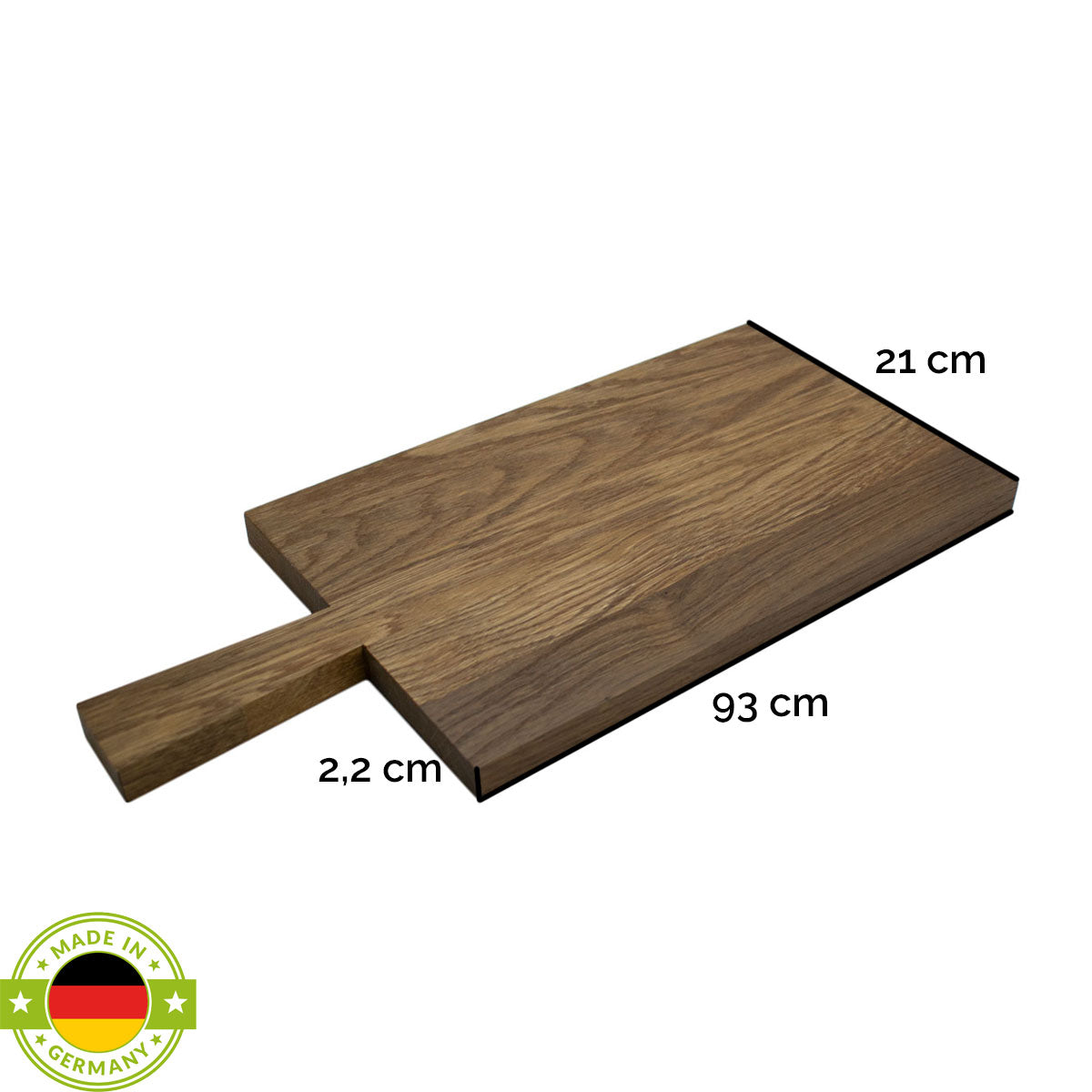Jausen- und Schneidbrett 'Griffi' | Eiche dunkel geräuchert und natur geölt | L93 x B21 x H2,2 cm