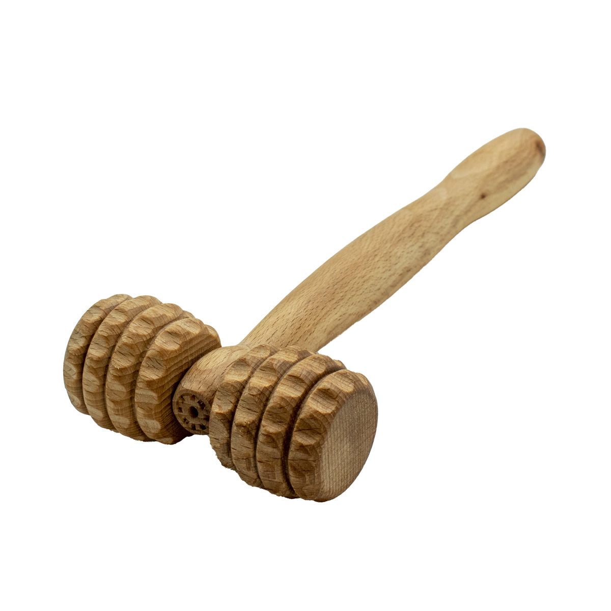 T-förmige Massagewalze Gr. S | 23,5 cm Stiellänge | Buche massiv | 1 Griff | je 2 Rollen mit 4 Längsrilllen und Kerben links und rechts | Faszienrolle Massagegerät | Manufactured in Europa