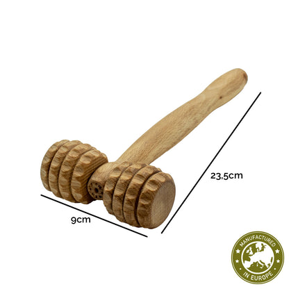 T-förmige Massagewalze Gr. S | 23,5 cm Stiellänge | Buche massiv | 1 Griff | je 2 Rollen mit 4 Längsrilllen und Kerben links und rechts | Faszienrolle Massagegerät | Manufactured in Europa