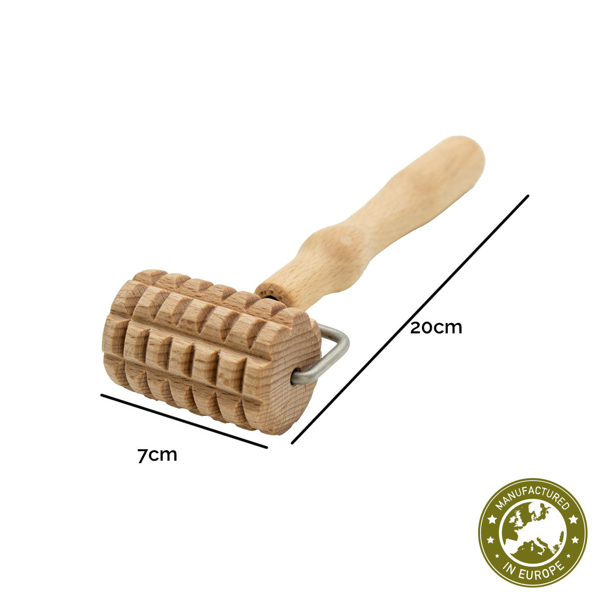 Gesichtsmassagewalze Gr. S | Buche massiv | 1 Griff mit Metallbügel | Rolle mit 5 Längseinkerbungen und je 6 Kerben | Faszienrolle Massagegerät | Manufactured in Europa