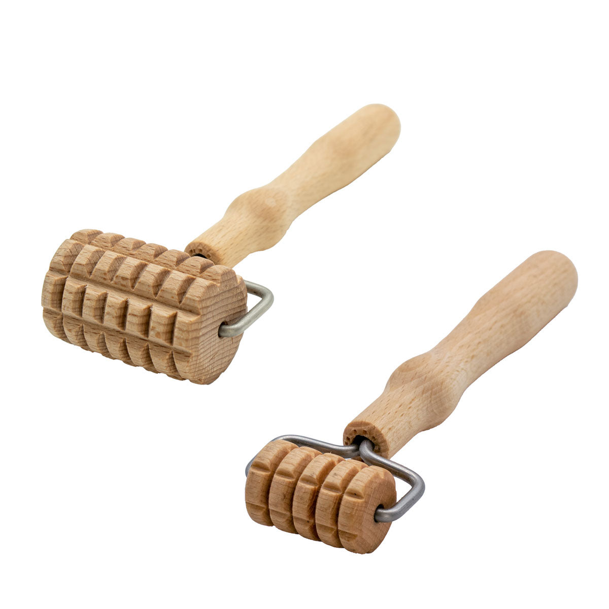 Gesichtsmassagewalze Gr. S | Buche massiv | 1 Griff mit Metallbügel | Rolle mit 5 Längseinkerbungen und je 6 Kerben | Faszienrolle Massagegerät | Manufactured in Europa