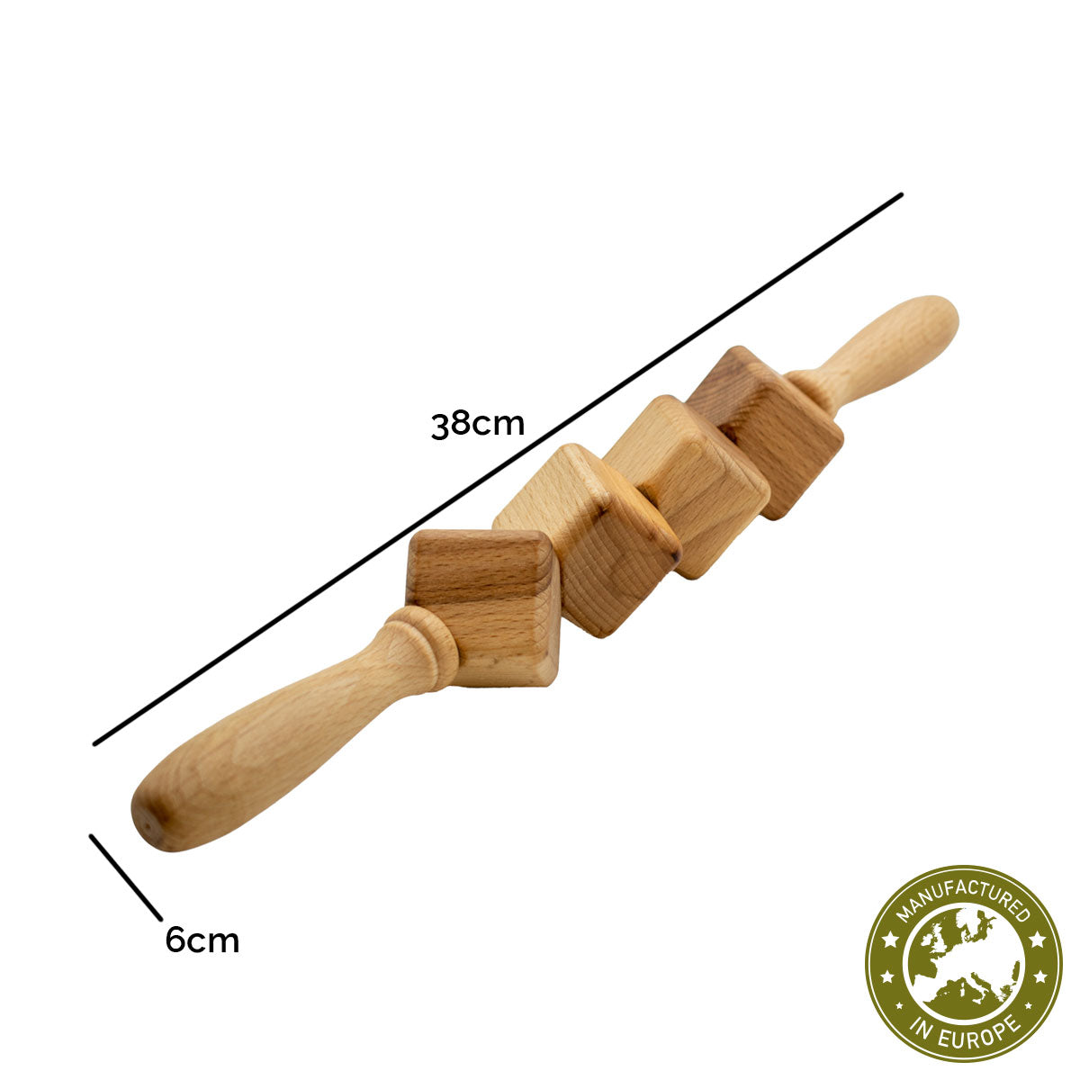 Würfelwalze-Massageroller | Buche massiv | 2 Griffe | 4 Würfel | Faszienrolle Massagegerät | Manufactured in Europe