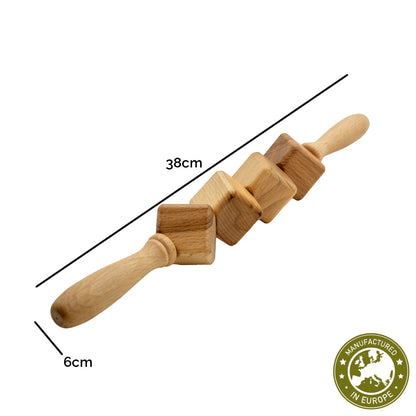 Würfelwalze-Massageroller | Buche massiv | 2 Griffe | 4 Würfel | Faszienrolle Massagegerät | Manufactured in Europe