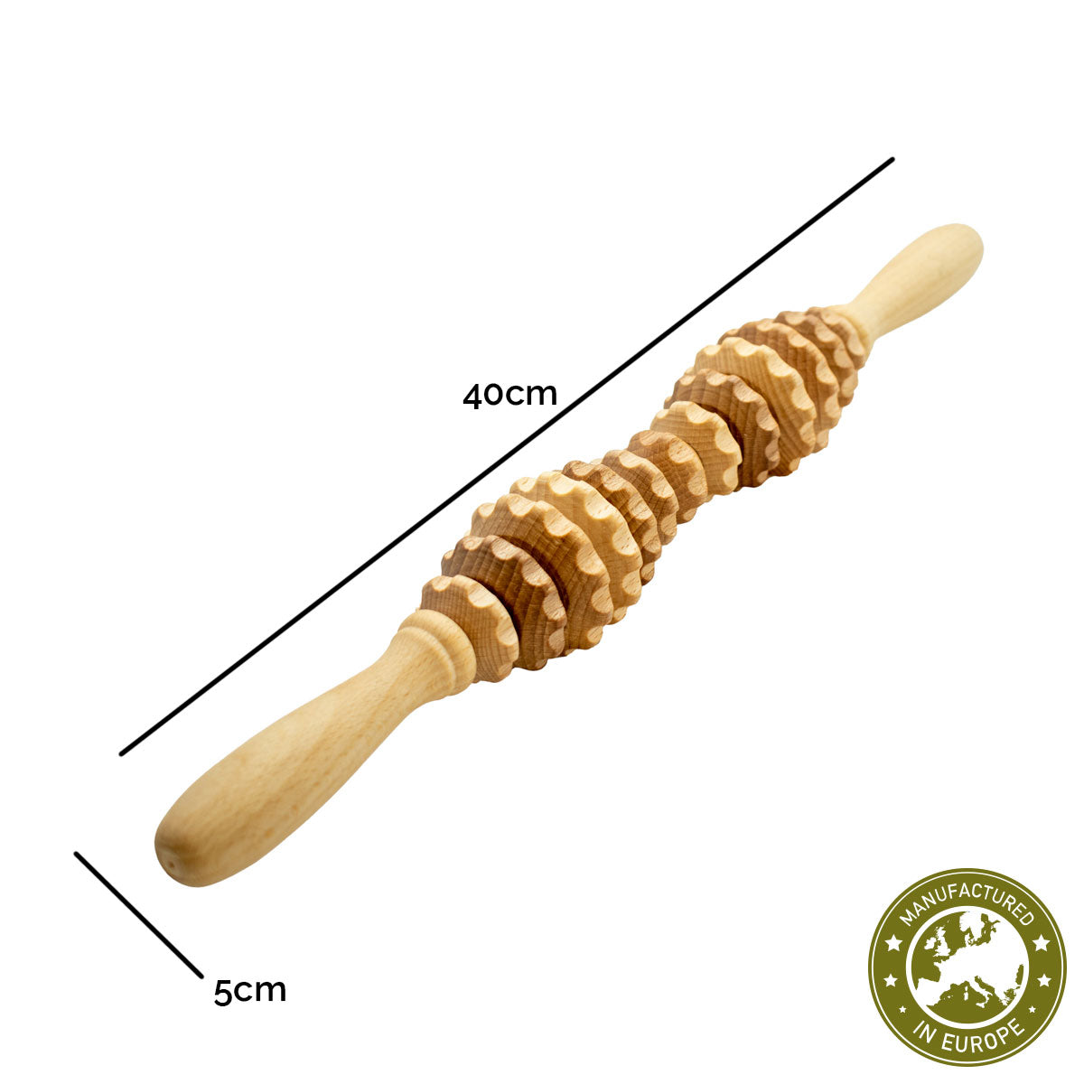 Zahnradwalze Gr. S | Buche massiv | 2 Griffe | 6 Rollen mit Kerben | Faszienrolle Massagegerät  | Manufactured in Europa