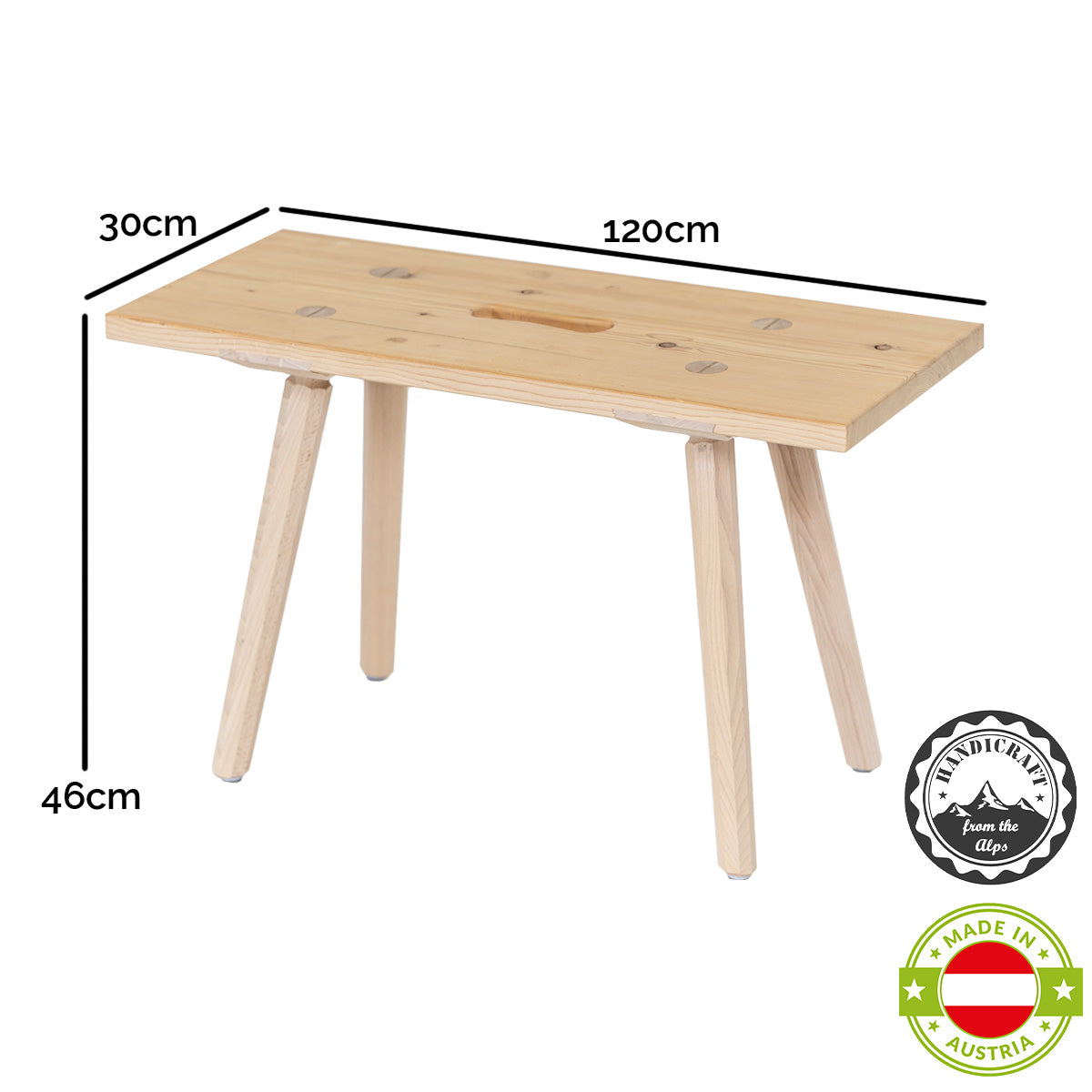 Sitzbank 'Urbank' mit Griffloch | Zirbe | B 90 x T 30 x H 46 cm